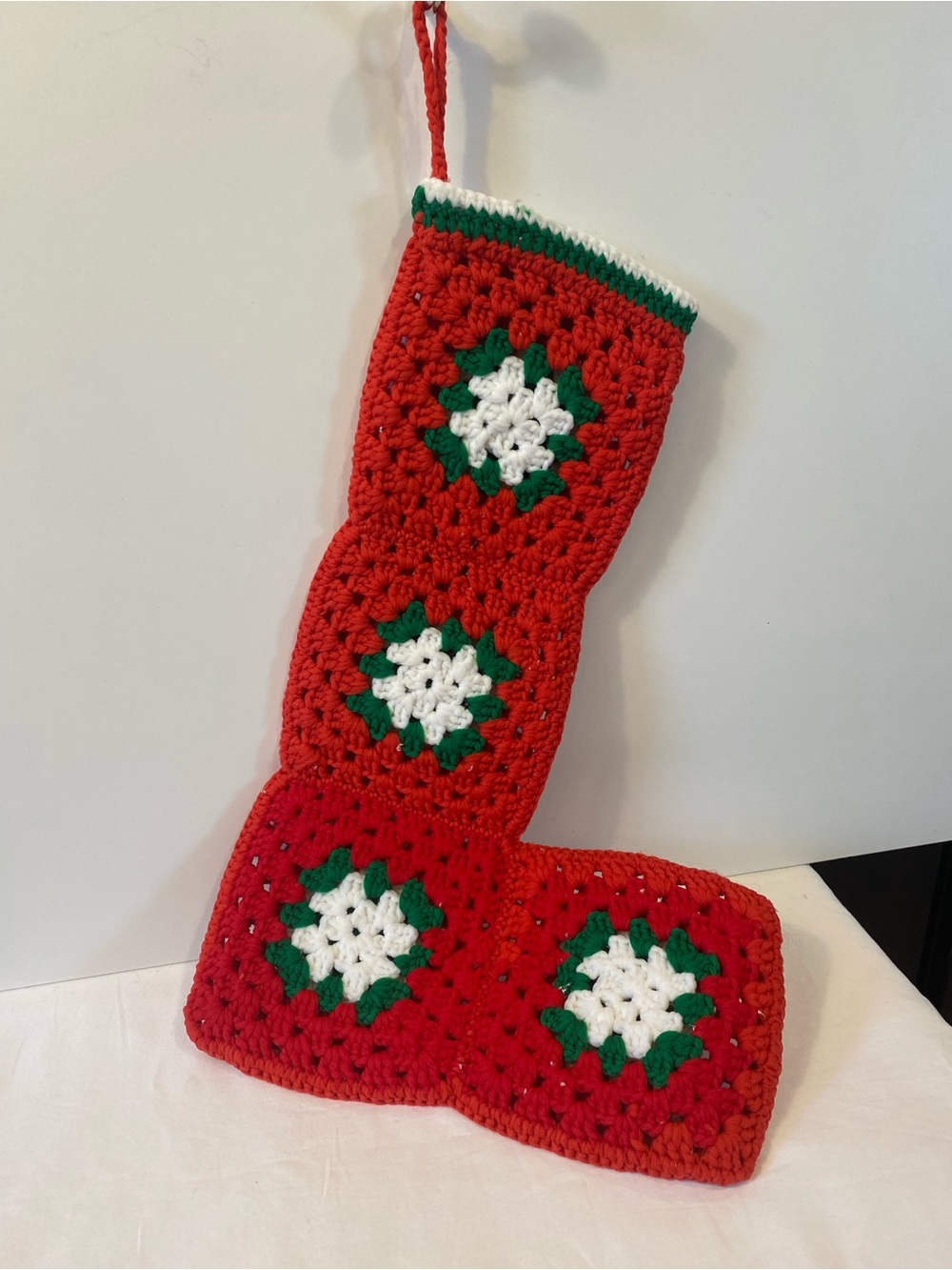 Handmade Vintage Granny Square Christmas Stocking Red White Green Heirloom Chic - Picture 5 of 5